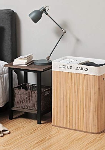 SONGMICS vasketjskurv, foldbar, m. 1 lg, 2 rum, aftagelig vaskepose - bomuld og natur bambus