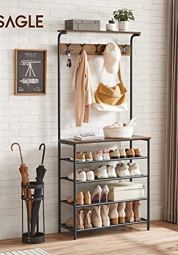 VASAGLE entréopstilling, m. 5 dobbeltkroge og 6 hylder - brun spnplade og sort stl