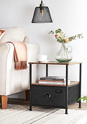 SONGMICS sengebord, m. 2 hylder og 1 skuffe - rustik brun MDF og sort imiteret ruskind/metal (41x41)