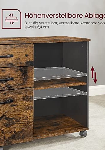 VASAGLE arkivskab, m. 3 skuffer, 1 hylde og hjul - rustik brun og sort spnplade