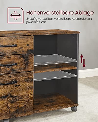 VASAGLE arkivskab, m. 3 skuffer, 1 hylde og hjul - rustik brun og sort spnplade