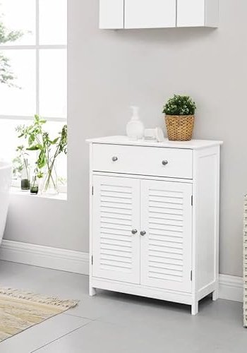 VASAGLE badevrelsesskab, m. 2 lamellger, 1 justerbar hylde og 1 skuffe - hvid MDF