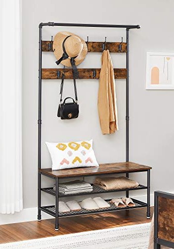 VASAGLE entréopstilling, m. 9 kroge, 1 bjlestang, 3 hylder - brun spnplade og sort stl
