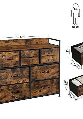 SONGMICS Stofkommode, sovevrelsesopbevaringsenhed, skabskommode med 7 skuffer, med metalramme og hndtag, industriel, rustik brun og sort LTS137B01