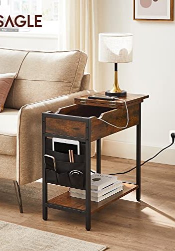 VASAGLE sidebord, m. opbevaring, USB-port, 2 elstik, 1 hylde, stoftaske - rustik brun spnplade/stl