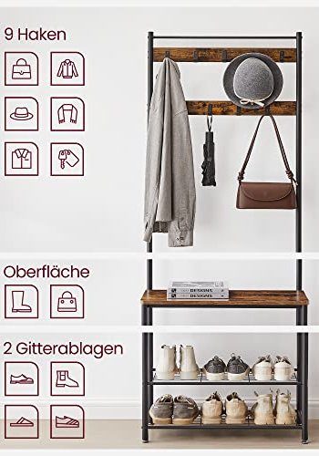 VASAGLE entréopstilling, m. 9 kroge, 3 hylder - brun spnplade og sort stl