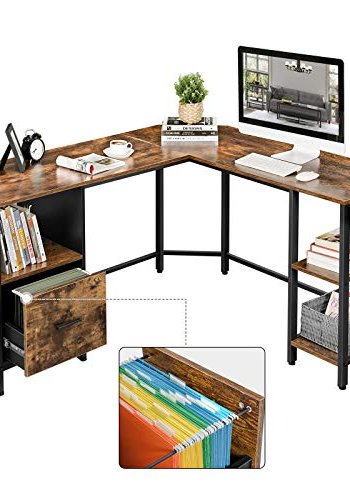 VASAGLE hjrneskrivebord, m. hngemappeskab, 2 hylder - brun spnplade og sort stl (137x151)