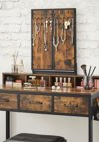 VASAGLE makeupbord, m. trefoldsspejl, 3 skuffer, 4 rum, taburet - brun spnplade, sort stl (90x40)