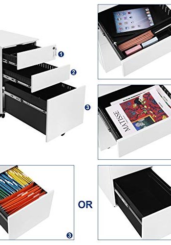 SONGMICS arkivskab, lsbar, m. 3 skuffer, hngemappe, hjul - hvid stl