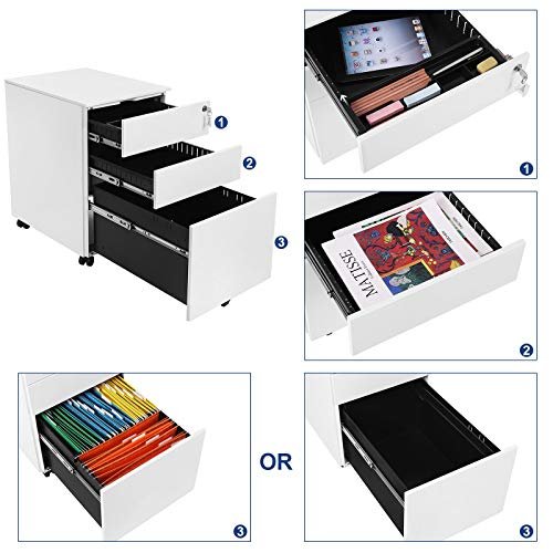 SONGMICS arkivskab, lsbar, m. 3 skuffer, hngemappe, hjul - hvid stl