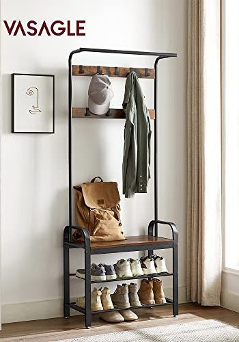 VASAGLE entréopstilling, m. 9 kroge, 1 bjlestang, 3 hylder - brun MDF og sort stl