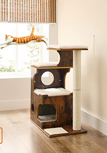 FEANDREA kradsetr, 3 niveauer, 3 platforme, 1 hule - hvid plys, sisal og rustik brun MDF