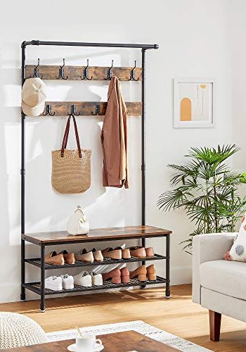 VASAGLE entréopstilling, m. 9 kroge, 1 bjlestang, 3 hylder - brun spnplade og sort stl