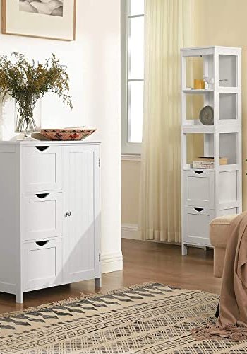 VASAGLE badevrelsesskab, m. 1 lge, 1 hjdejusterbar hylde og 3 skuffer - hvid MDF