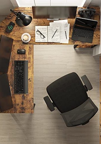 VASAGLE hjrneskrivebord, m. 2 hylder - rustik brun spnplade og sort stl (138x138)