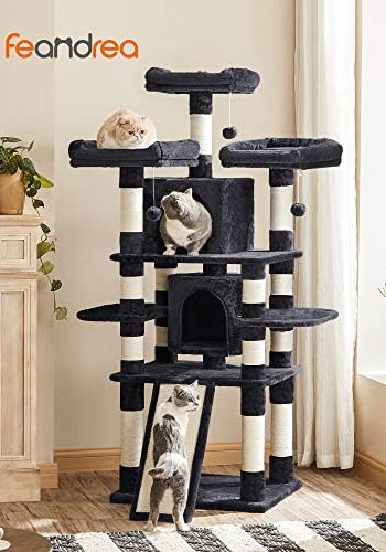 FEANDREA stor kradsetr, 5 niveauer, 3 platforme, 2 huler, 3 pomponer - rggr plys