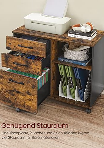 VASAGLE arkivskab, m. 3 skuffer, 1 hylde og hjul - rustik brun og sort spnplade