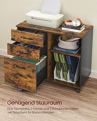 VASAGLE arkivskab, m. 3 skuffer, 1 hylde og hjul - rustik brun og sort spnplade