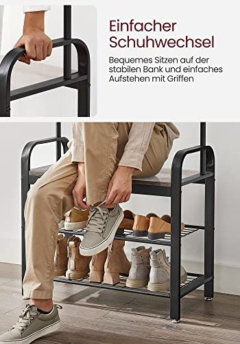 VASAGLE entréopstilling, m. 9 kroge, 1 bjlestang, 3 hylder - greige spnplade og sort stl