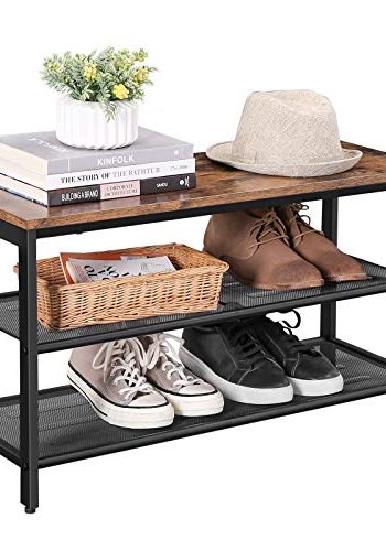 VASAGLE skohylde, m. 2 mesh-hylder - brun spnplade og sort stl