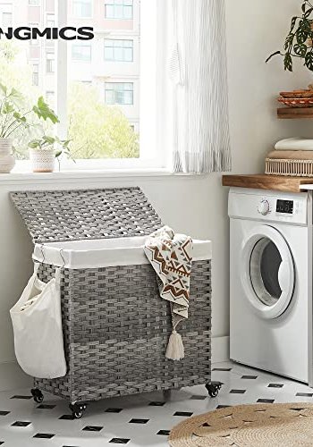 SONGMICS vasketjskurv, m. 3 rum, aftagelig foring, hndtag, lg, hjul - bomuld og gr polypropylen