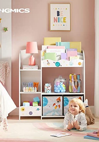 SONGMICS brnereol, m. hylder og 2 opbevaringsbokse - hvid og multifarvet spnplade og stof