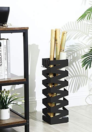 SONGMICS paraplyholder, kvadratisk, m. kroge og drypbakke - sort metal