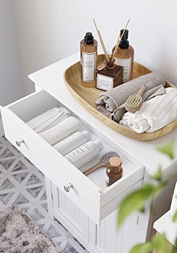 VASAGLE badevrelsesskab, m. 2 lger, 1 hjdejusterbar hylde og 1 skuffe - hvid MDF