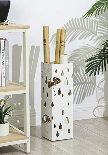 SONGMICS paraplyholder, kvadratisk, m. 4 kroge og drypbakke - hvid metal