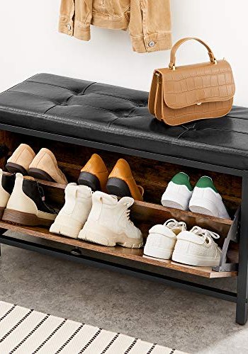 VASAGLE entrébnk, m. hynde, klapskab til 6 par sko - rustik brun spnplade og sort PU/stl (80x30)