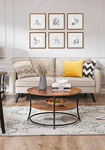 VASAGLE sofabord, m. 1 hylde, rund - rustik brun spnplade og sort jern (80)