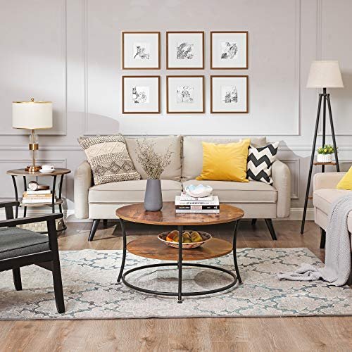 VASAGLE sofabord, m. 1 hylde, rund - rustik brun spnplade og sort jern (80)