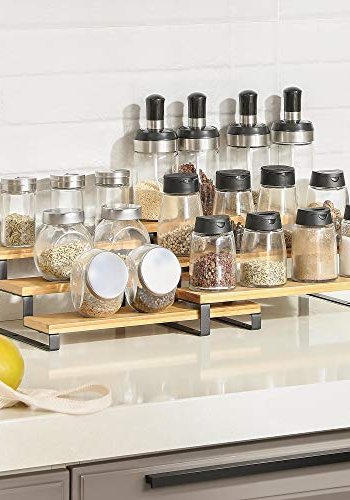 SONGMICS krydderihylde, 3-lags udtrksbar, stabelbar - natur bambus og sort stl (st med 2)