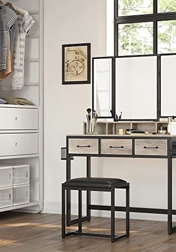 VASAGLE makeupbord, trefoldsspejl, 3 skuffer, 4 rum, taburet - greige spnplade, sort stl (90x40)