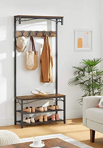 VASAGLE entréopstilling, m. 5 dobbelt kroge, 4 hylder - brun spnplade og sort stl