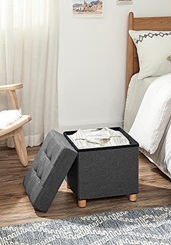 SONGMICS puf, sammenklappelig, m. lg - mrkegr imiteret linned og natur tr (38x38)