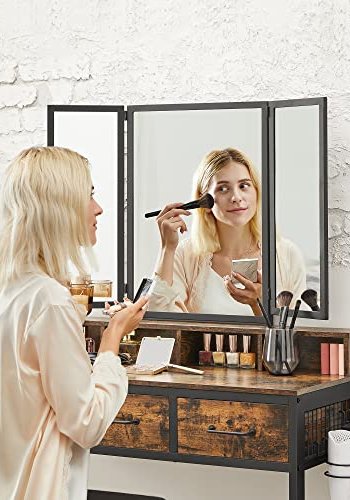 VASAGLE makeupbord, m. trefoldsspejl, 3 skuffer, 4 rum, taburet - brun spnplade, sort stl (90x40)