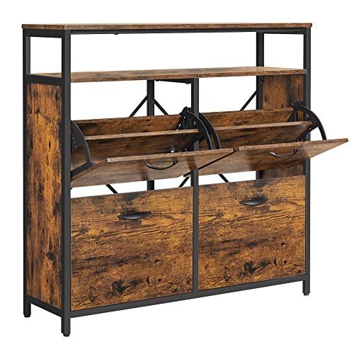 VASAGLE skoskab, m. 4 klaplger og 1 hylde - rustik brun spnplade og sort stl