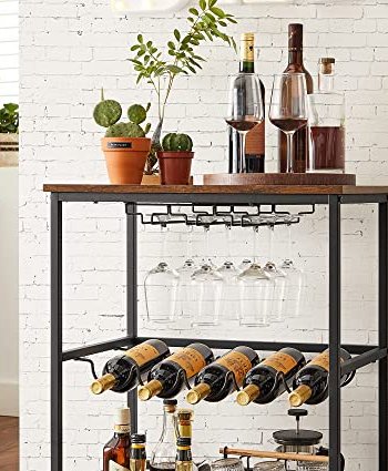 VASAGLE rullebord, hylde, holder til glas og flasker - rustik brun spnplade og sort stl (60x40)