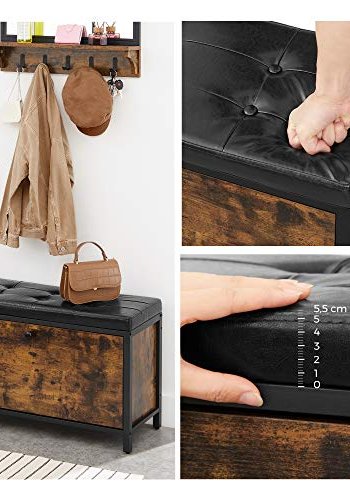 VASAGLE entrébnk, m. hynde, klapskab til 6 par sko - rustik brun spnplade og sort PU/stl (80x30)