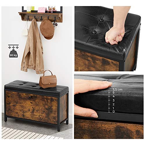 VASAGLE entrébnk, m. hynde, klapskab til 6 par sko - rustik brun spnplade og sort PU/stl (80x30)