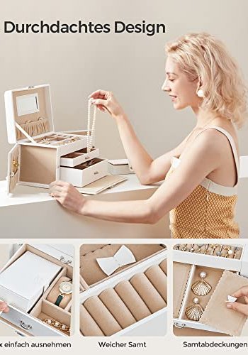 SONGMICS smykkeskrin, m. 2 skuffer, lsbart etui, spejl, transportabelt rejseetui - hvid kunstlder
