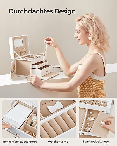 SONGMICS smykkeskrin, m. 2 skuffer, lsbart etui, spejl, transportabelt rejseetui - hvid kunstlder