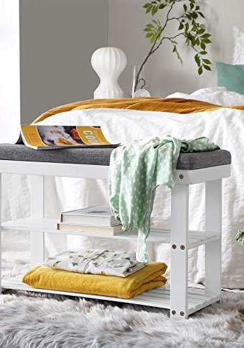 SONGMICS entrébnk, m. gr hynde og 2 hylder til sko - hvid bambus (71x29)