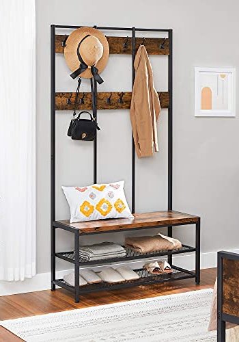 VASAGLE entréopstilling, m. 12 kroge, 3 hylder - brun spnplade og sort stl