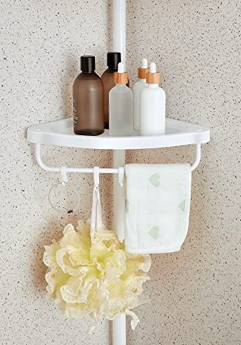 SONGMICS hjrnehylde til brusekabine, teleskopisk, m. 4 bakker, 3 kroge - hvid plast og stl