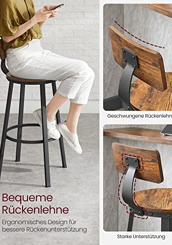 VASAGLE barstol, m. rygln og fodsttte - brun spnplade og sort stl (st med 2)