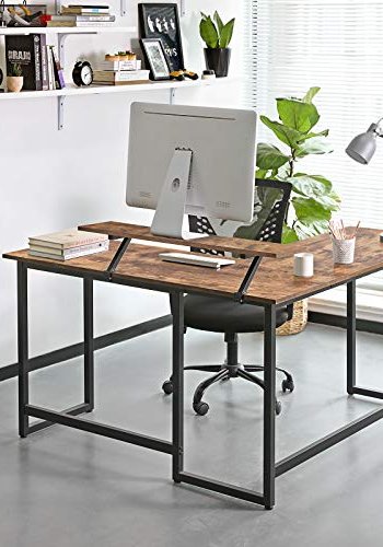 VASAGLE hjrneskrivebord, m. skrmstativ - rustik brun spnplade og sort stl (140x130)