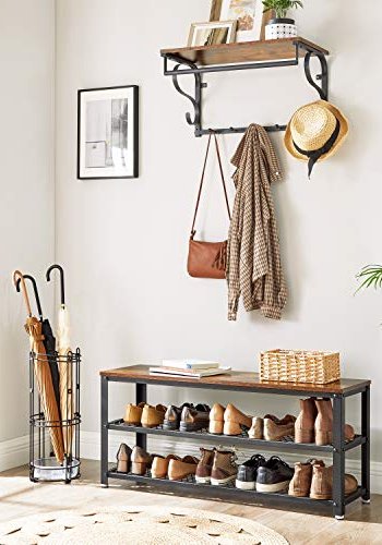 VASAGLE skohylde, m. 2 mesh-hylder - brun spnplade og sort stl