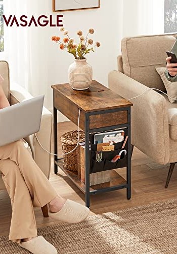 VASAGLE sidebord, m. opbevaring, USB-port, 2 elstik, 1 hylde, stoftaske - rustik brun spnplade/stl